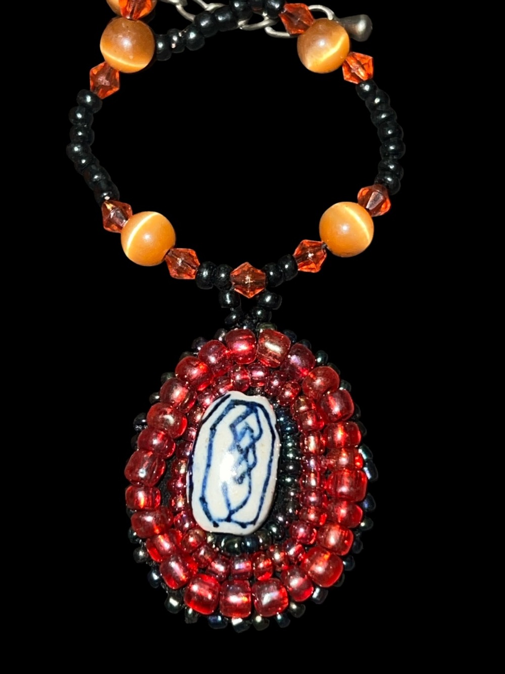 Vintage Handpainted Glass Seed Bead Beaded Necklace 16”